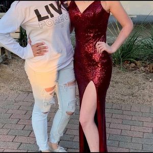 Red sequined prom dress